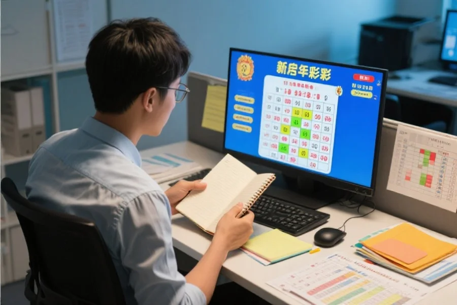 一位新手彩民坐在办公桌前，手持笔记本，认真分析屏幕上的彩票开奖走势图，身边摆放着笔记和数据表