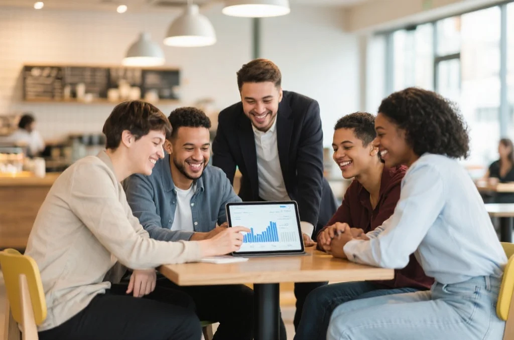 一群人在咖啡馆里积极讨论数据洞察和策略